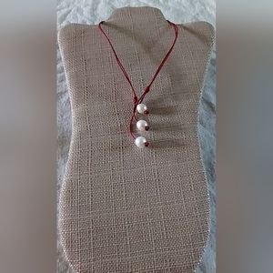 New Handmade 2-Way Dark Red Leather & White 3 Pearl Necklace